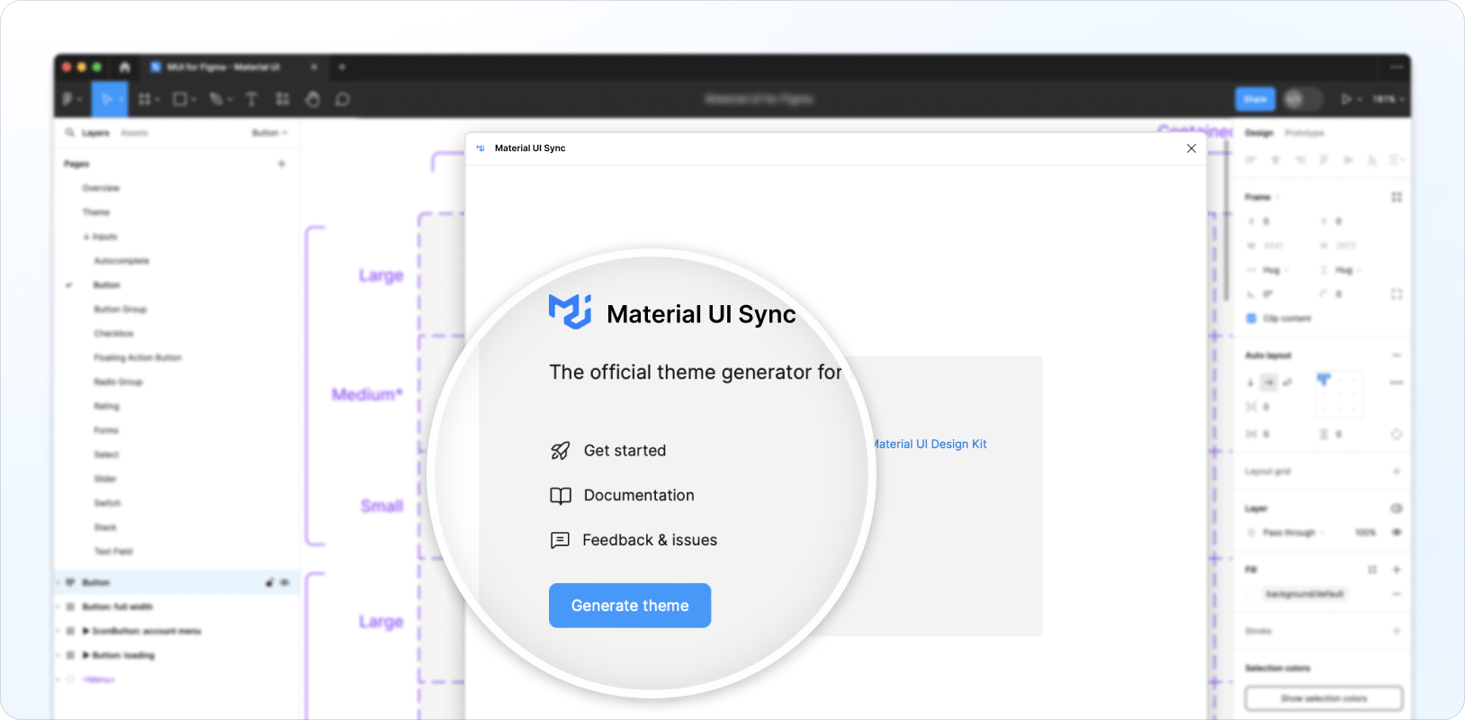 The Generate theme button in the MaterialĀ UI Sync plugin UI.