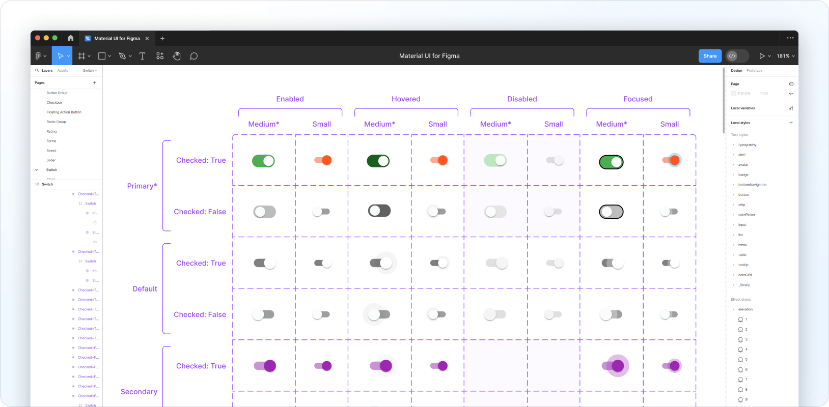 A fully customized Switch component in the MaterialĀ UI Design Kit.