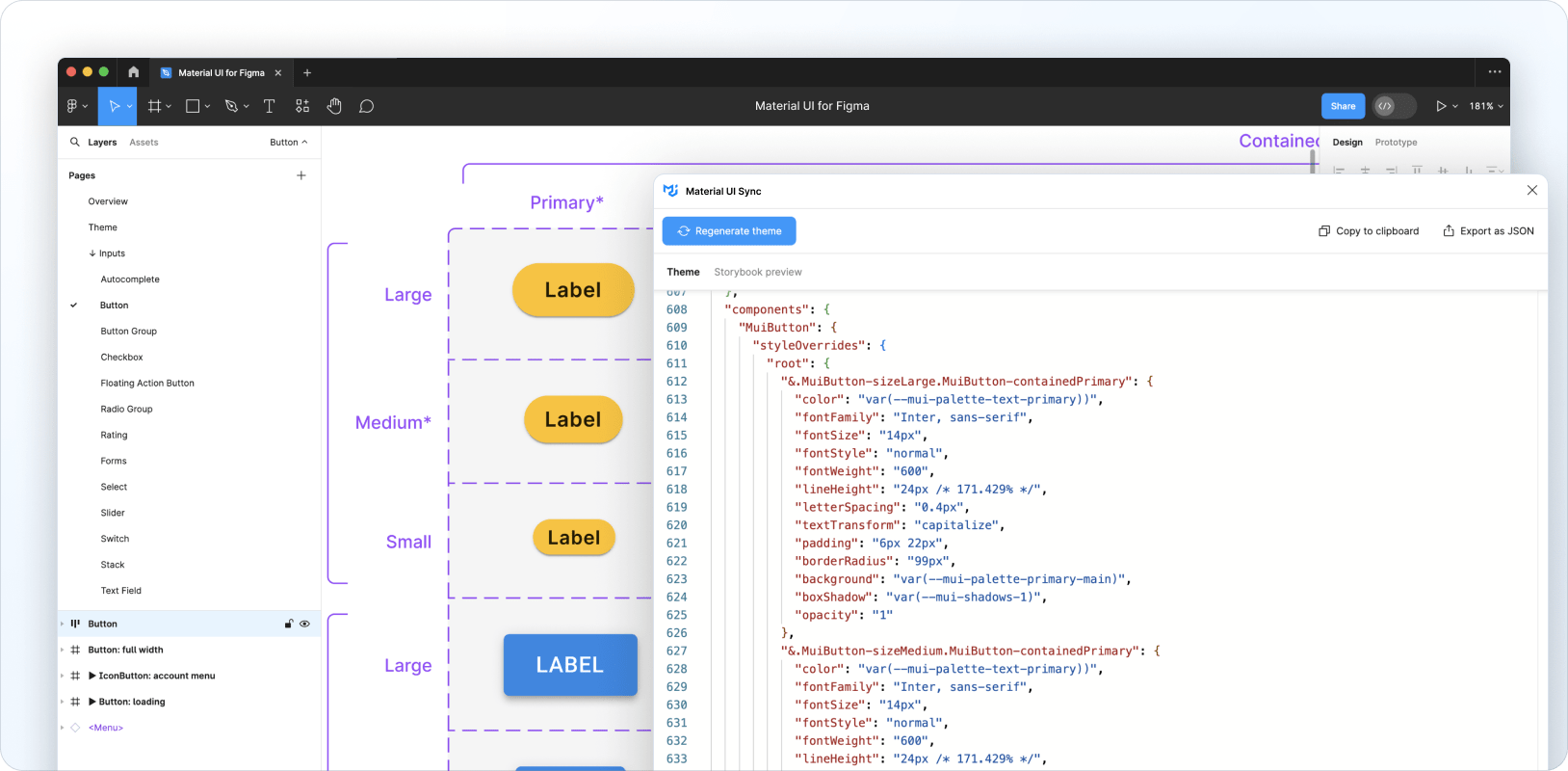 Customizing the MaterialĀ UI Switch component in Figma with the Sync plugin running.